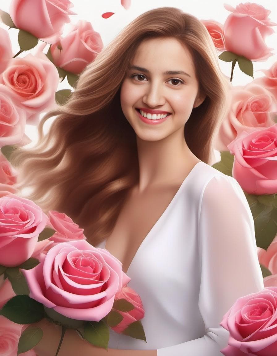 AI generated: a row of beautiful bouquet of redish, pink and white roses in the hands of smiling blonde woman, wom...