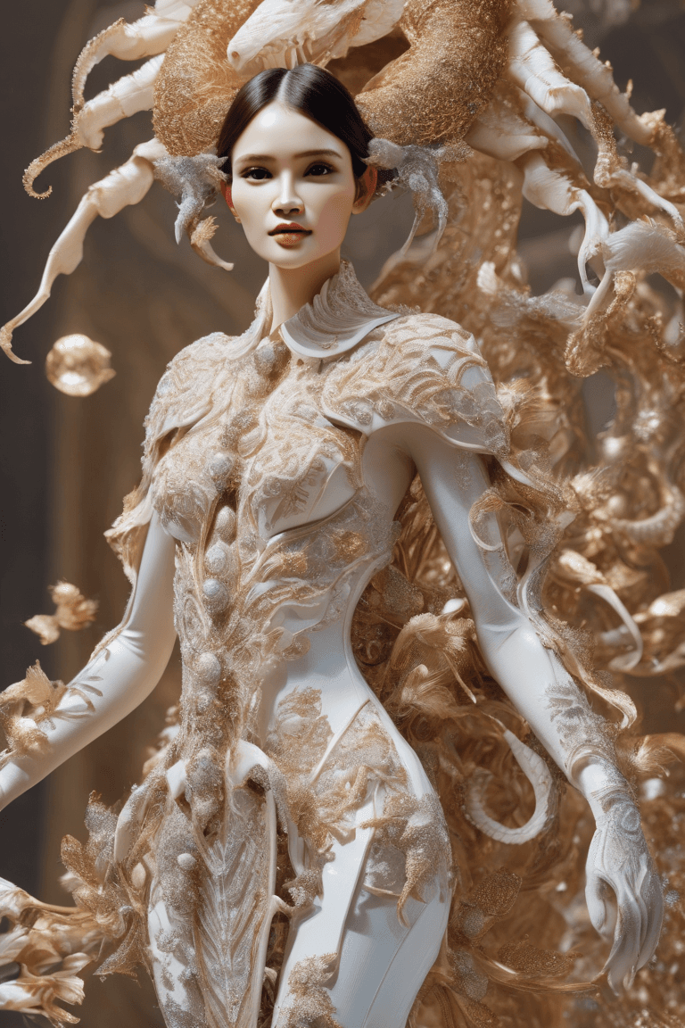 AI generated: biomorphism aesthetic, intricately detailed human chimera adorned with Swarovski gems, exuding luxur...