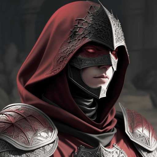 AI generated: closeup of cleric from the Middle Ages in dragon scale armor, with face covered by shade of dark-red...