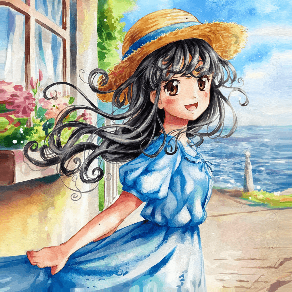 AI generated: An anime girl in a blue dress and straw hat, with long black hair and flowing curly bangs, in the st...