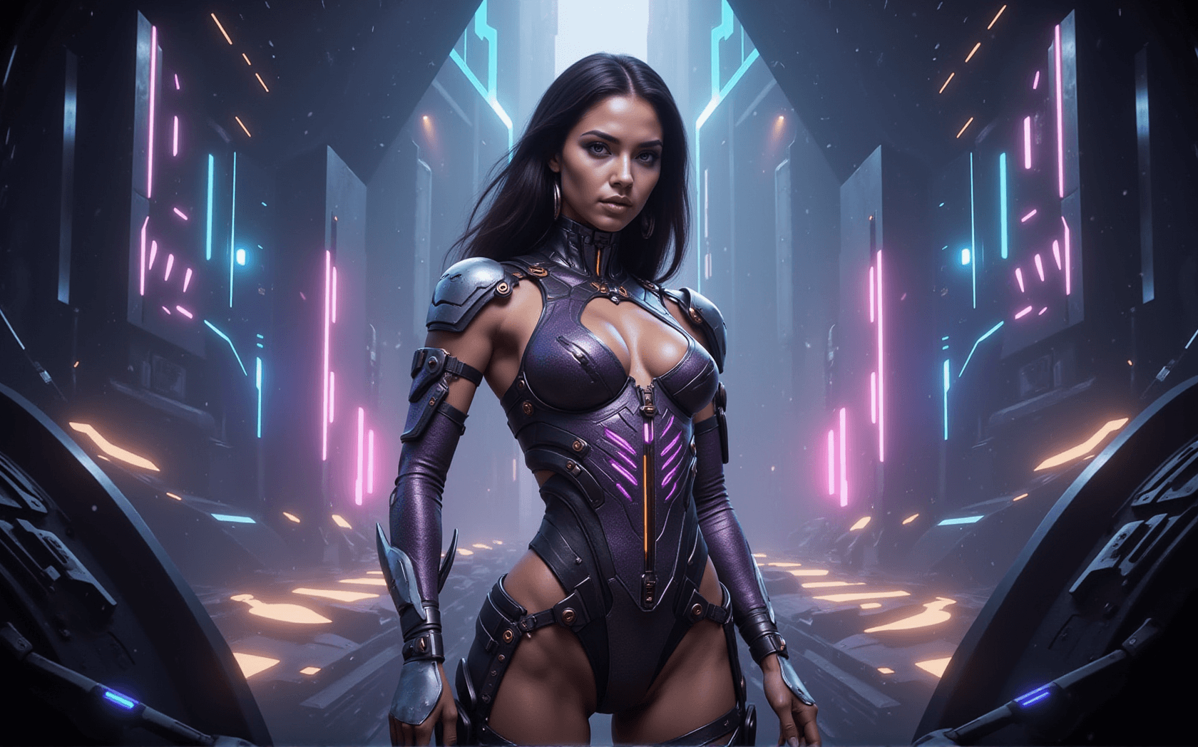 AI generated: an ultra detailed photography of a goddess of power in a futuristic, sci-fi setting. She stands conf...