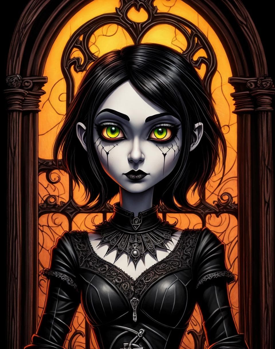 AI generated: image in gothic stop-motion technique, gothic bar, drawing, cartoon, professional artist, animation,...