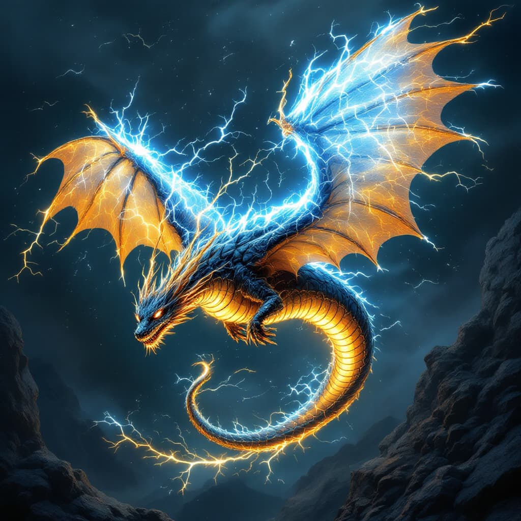 AI generated: a flying serpent with wings made of lightning