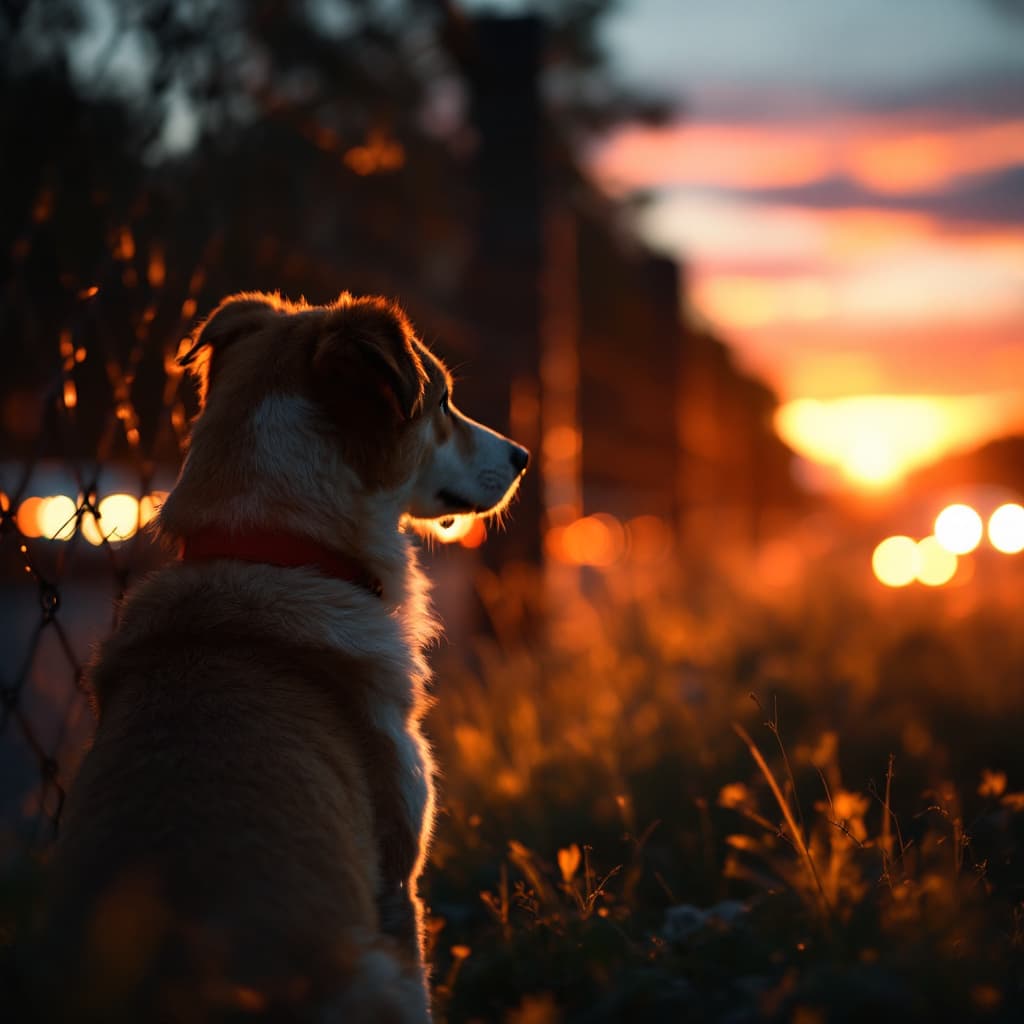 AI generated: A dog abandoned sits along a busy roadside at sunset, gazing longingly at the oncoming traffic, a le...