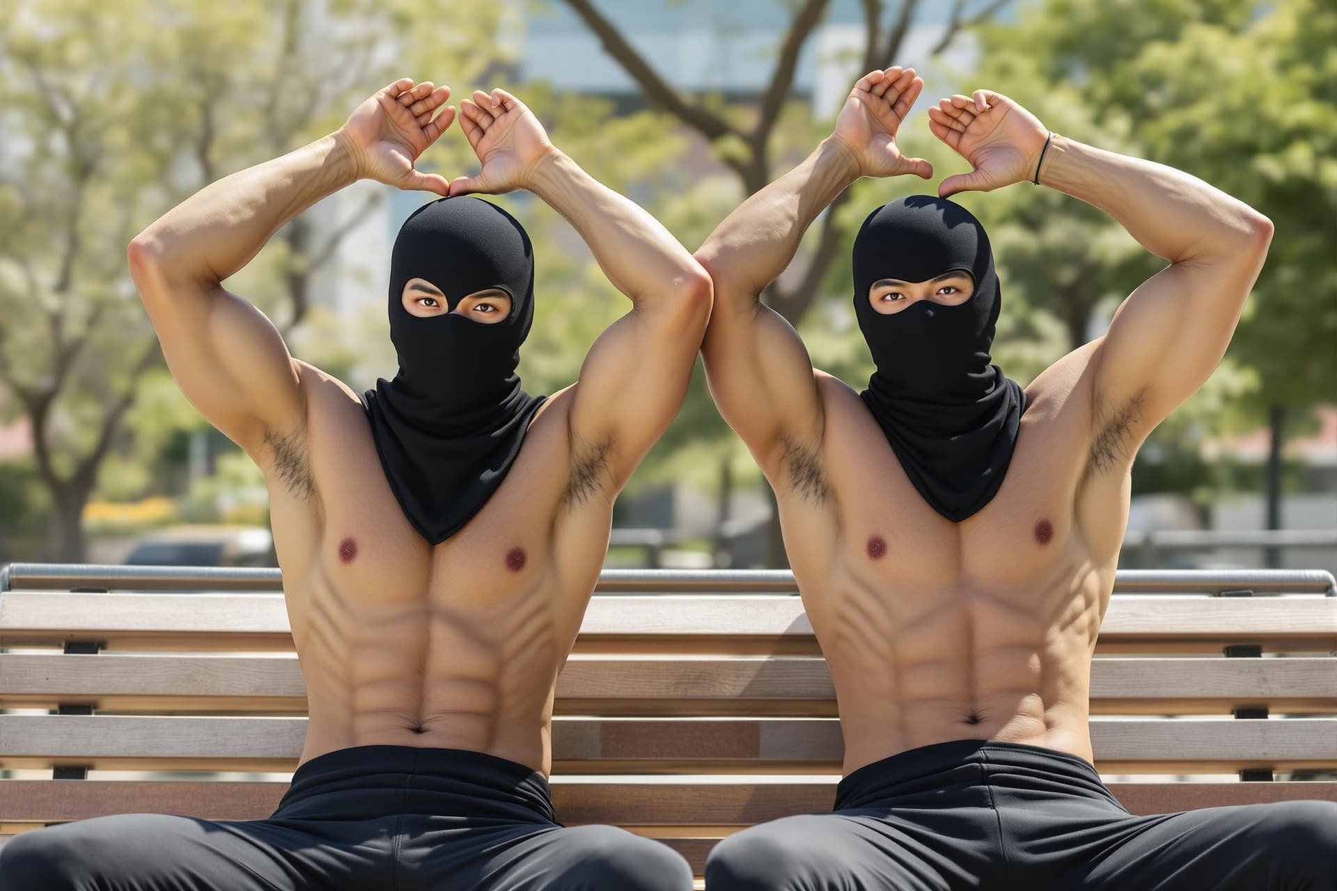 AI generated: Two male Asian born Taiwanese strong athletes wearing compression jammers in day time. Muscles. They...