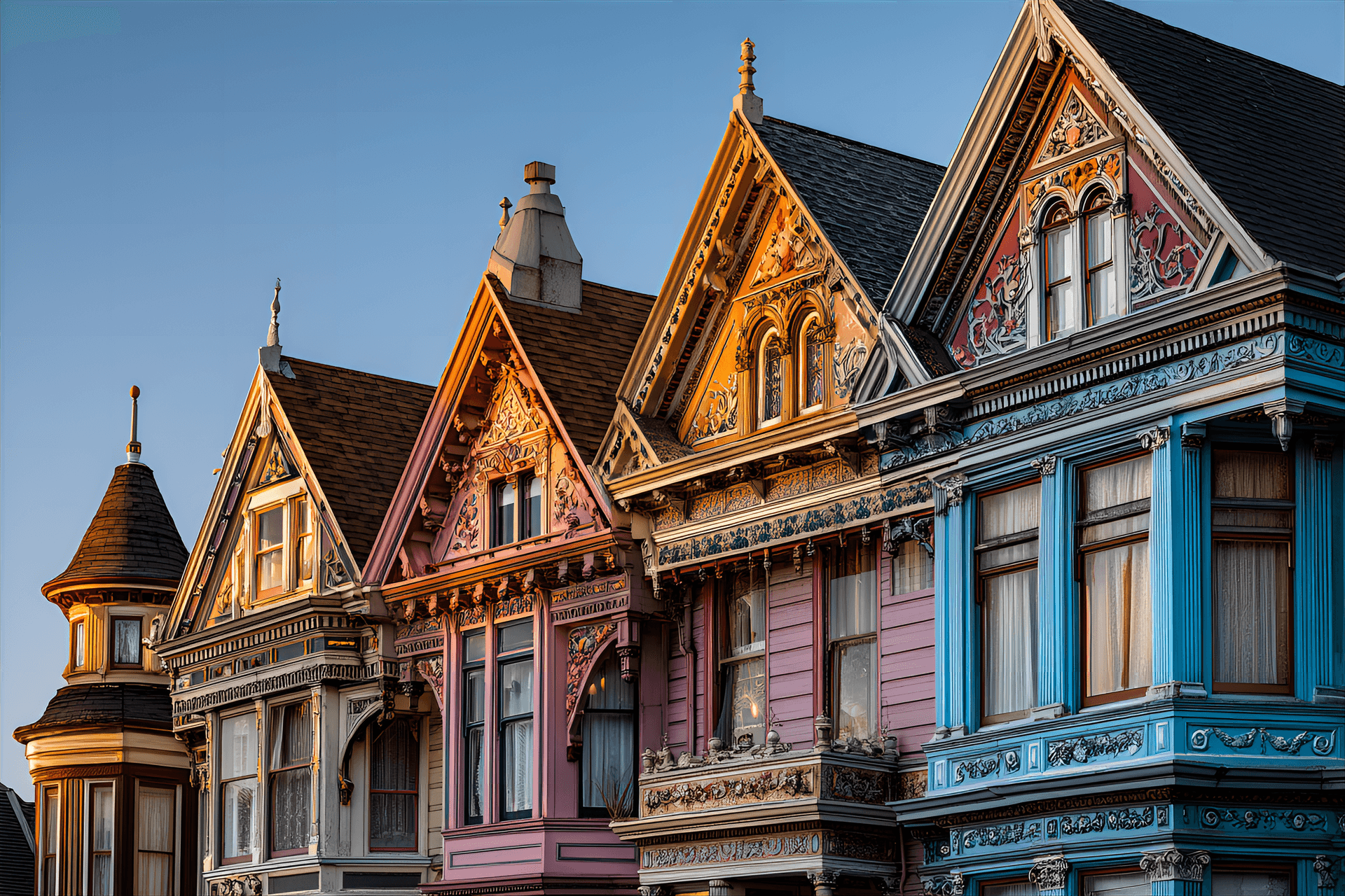 AI generated: Victorian architecture, San Francisco, detailed ornate woodwork, Queen Anne style, pastel color pale...