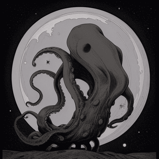 AI generated: a digital illustration of, a giant octopus wrapping its tentacles around the moon, in the darkness o...