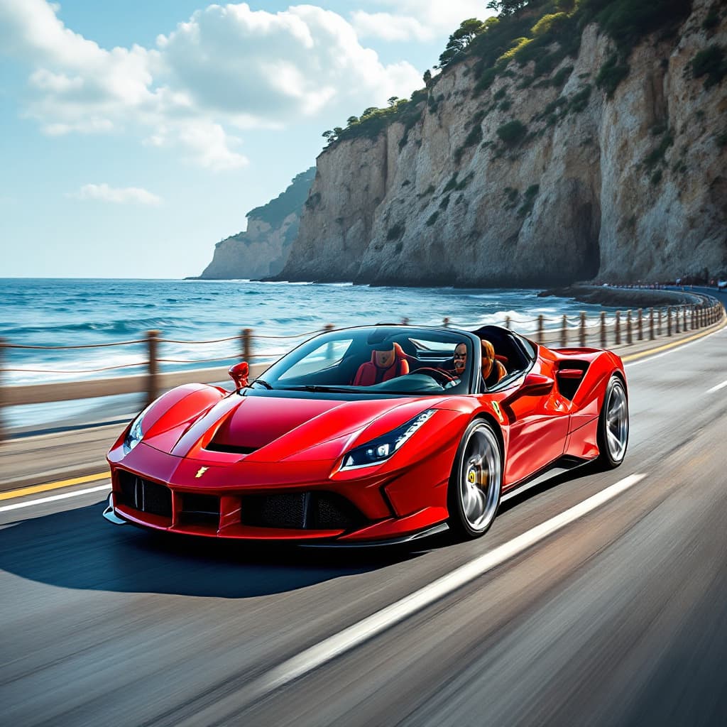 AI generated: red ferrari 458, clean, with chrome rims, recently bought from a salon. ferrari driving along the se...