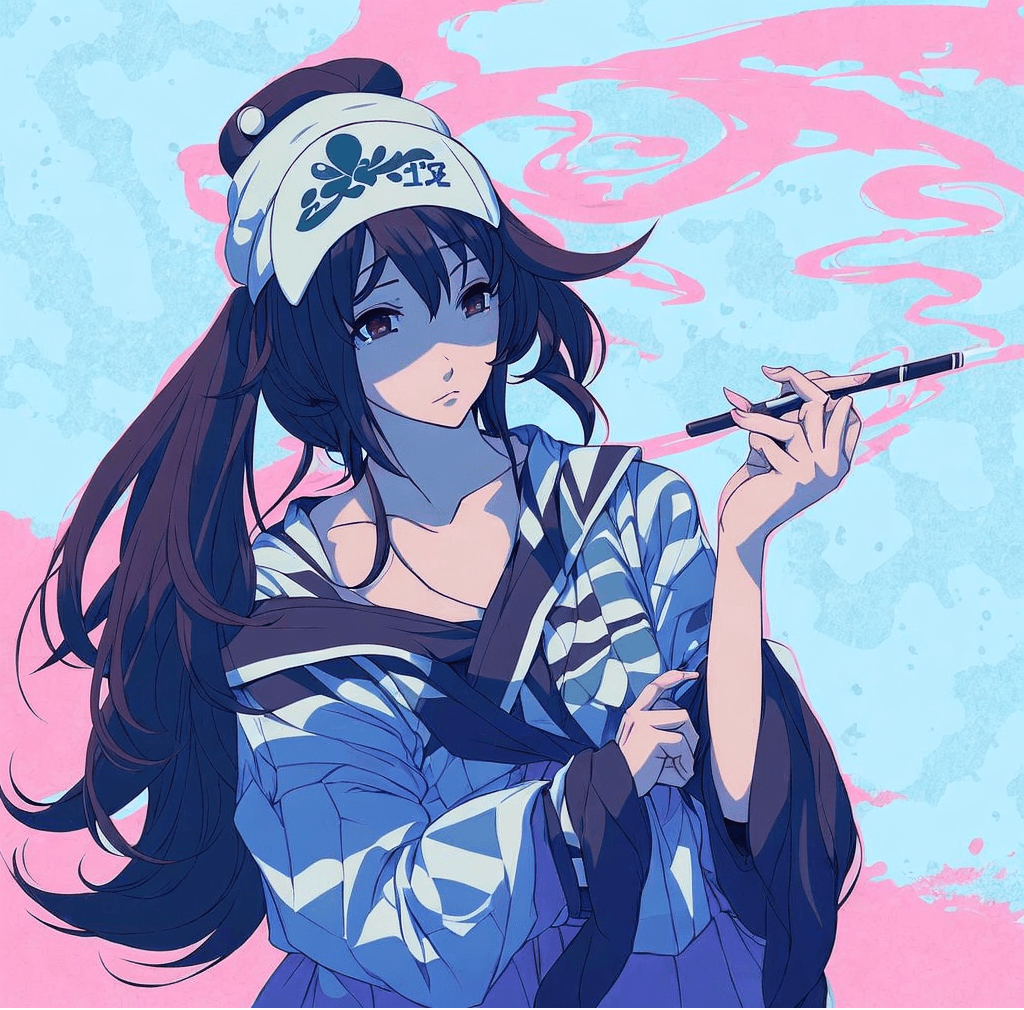 AI generated: anime girl with a cigarette in her hand and a hat on her head, japanese art style, nezuko, anime sty...