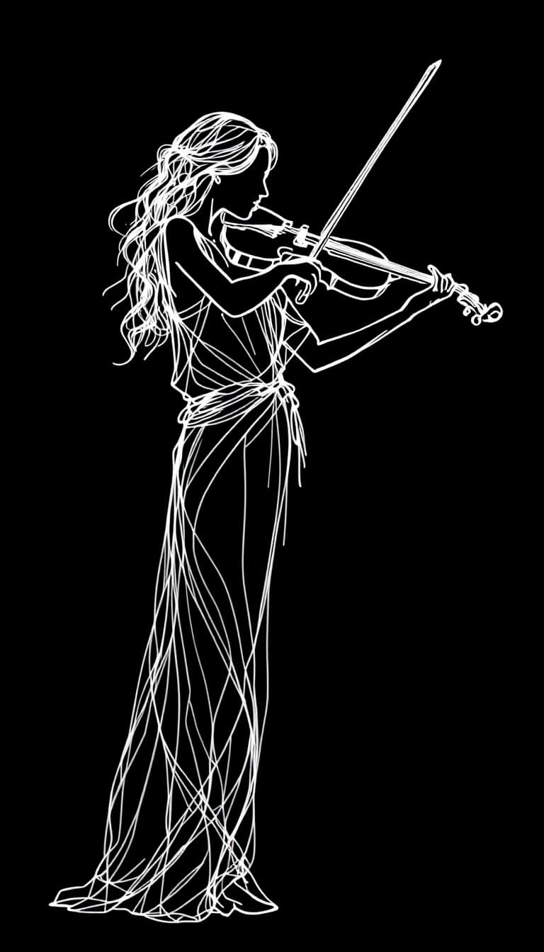 AI generated: Minimalist line art drawing depicting the full body of a woman playing the violin, outlined in conti...