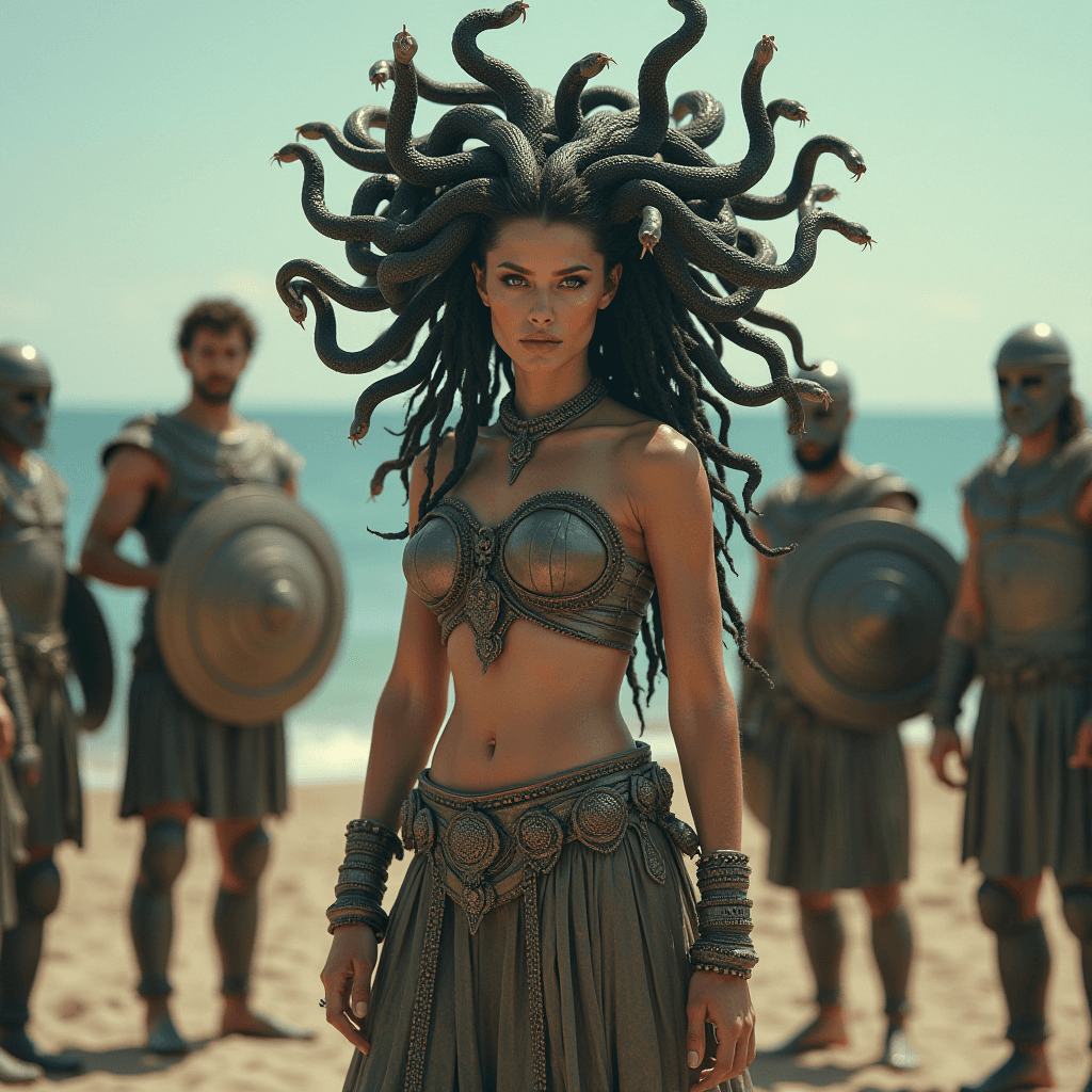 AI generated: A photorealistic portrait of an stunningly beautiful medusa woman, instead of hair she has hundreds ...