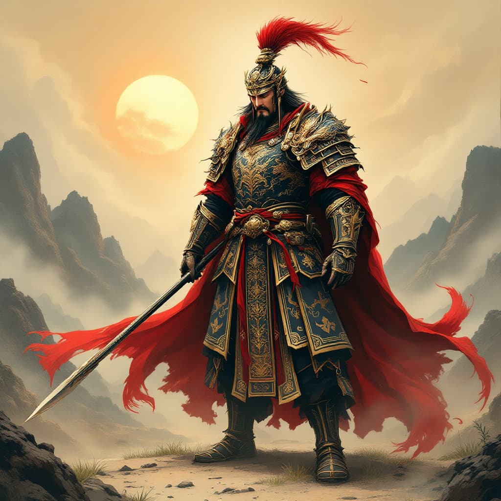 AI generated: A powerful and heroic Chinese ancient general in traditional armor, designed with intricate dragon m...