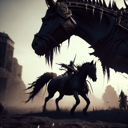 AI generated: Famine, full battle gear, monster horse, horror, dark, intricate design and details, photography lig...