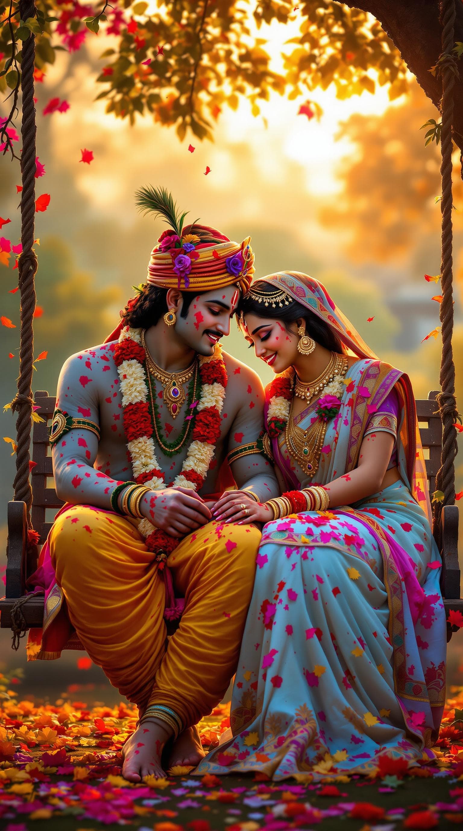 AI generated: "A high-detail, ultra-HD image of Radha and Krishna sitting together on a swing under a tree, surrou...