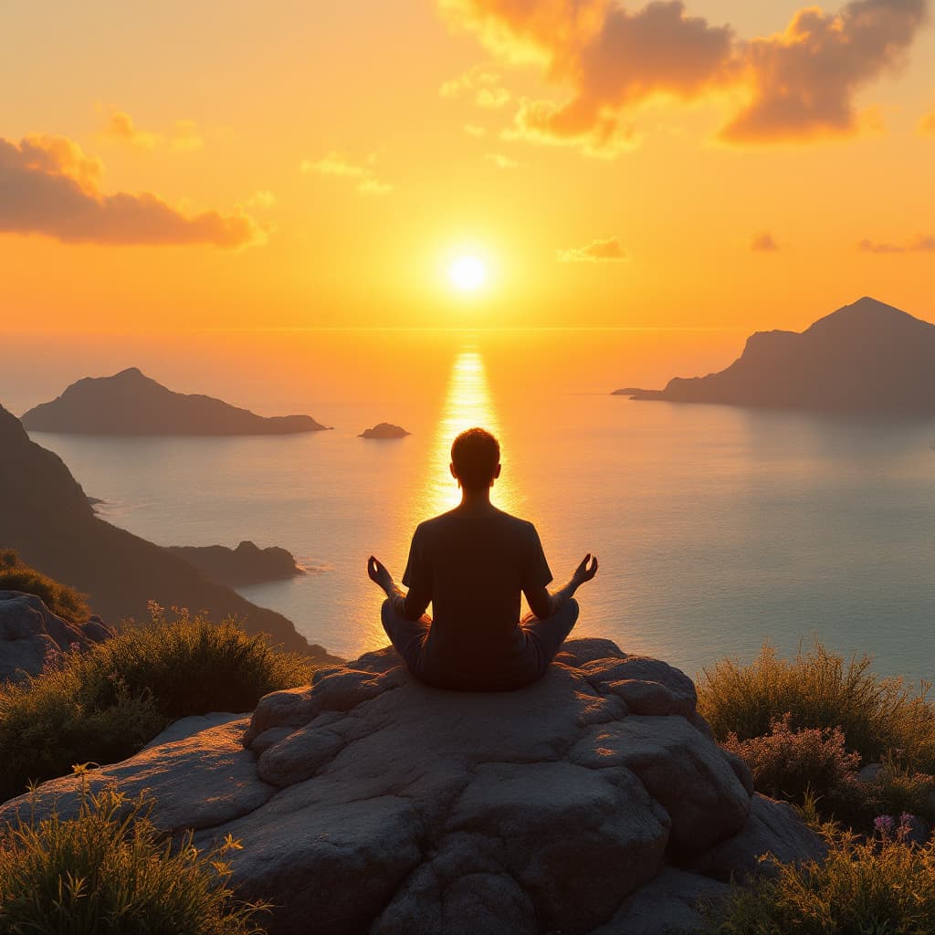 AI generated: I want a person meditating on top of a mountain during a sunrise, a spiritual and emotional vision, ...