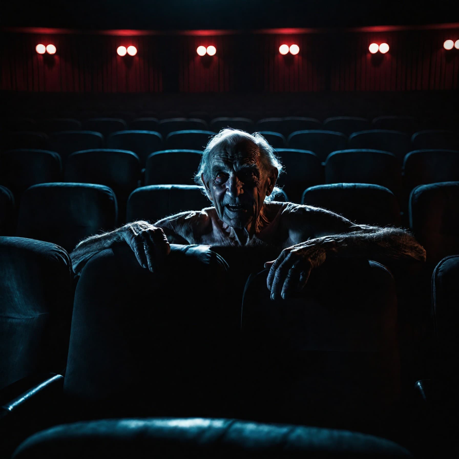 AI generated: a demonic old man peering from his seat in a darkened movie theater, wide shot, shot from a distance...