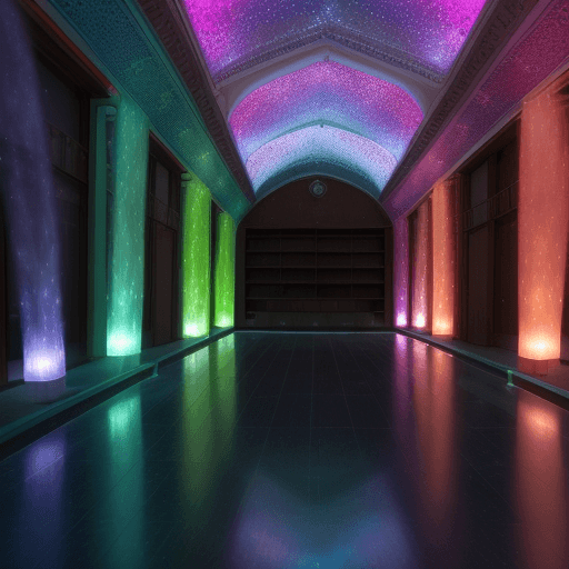 AI generated: 
Uma sala espaçosa, iluminada por luzes suaves e coloridas, com grandes janelas que mostram um belo ...