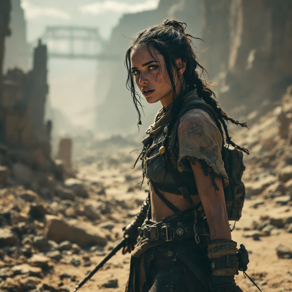 AI generated: A resilient wasteland scout, with weathered clear and beauty  skin, a determined gaze and hair braid...