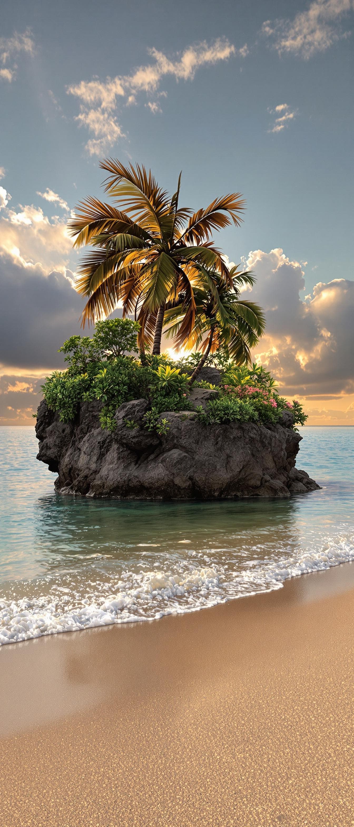 AI generated: a professional photo of a tiny island with a tiny sandy beach (masterpiece), (realistic), with a sin...