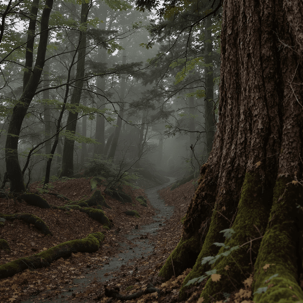 AI generated: Side-right angle shot inside an ancient, quiet forest. The camera is low and slightly behind a line ...