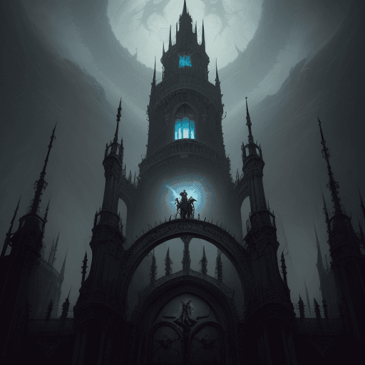 AI generated: Fantastic angle view of a Gothic Hellgate Tower, dim, hell, underworld masterpiece, shadows, expert,...