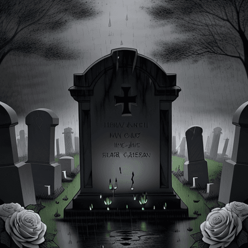 AI generated: cemetery coloring page, in a cemetery, with many tombstones, rain, at dawn, there is a skull, with a...