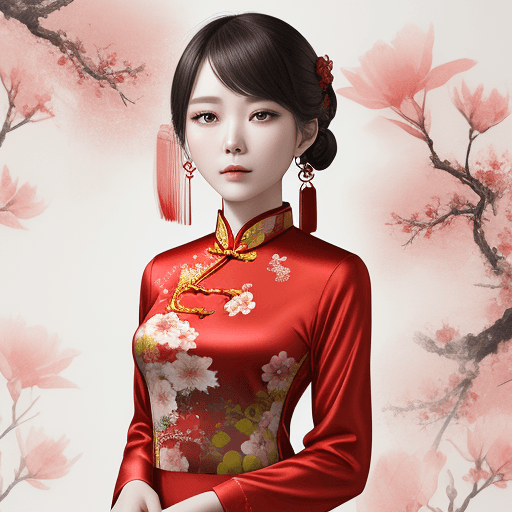 AI generated: chinese red blouse, in the style of dreamy and romantic compositions, floral explosions --ar 24:37 -...