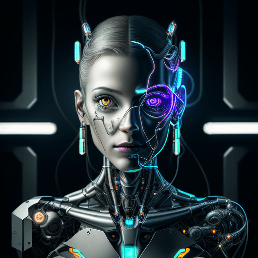 AI generated: half portrait, cyborg, made with mechanical parts, mechanical body, neon lights, wires in her brain,...