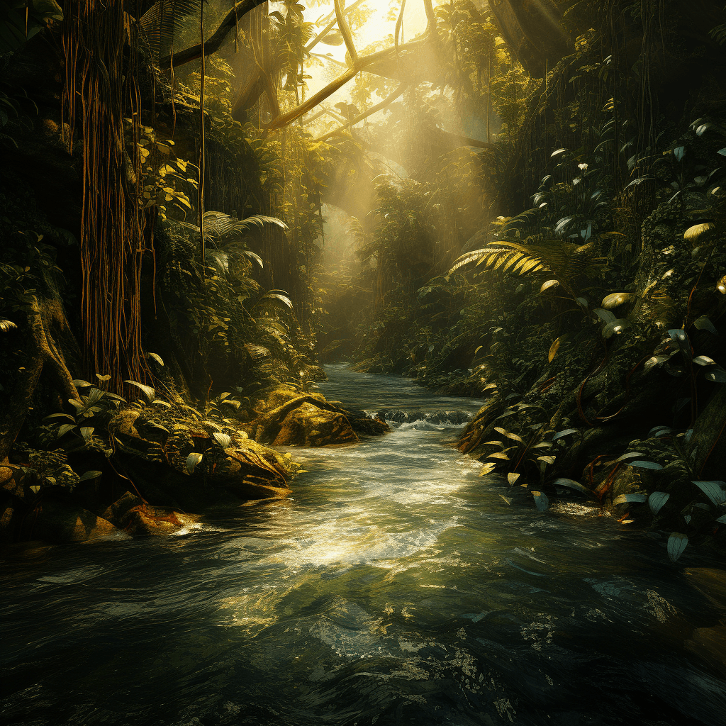 AI generated: Fry and bichiques, a torrent in the tropical forest, perfect composition, beautiful detailed intrica...
