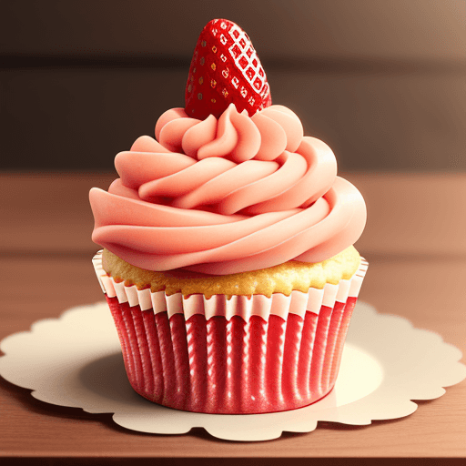 AI generated: a strawberry cupcake on a   have candy on top of it
 wooden tabble