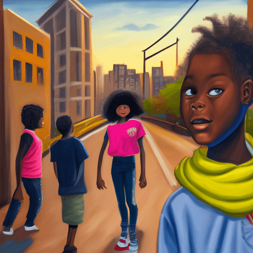 AI generated: Create an oil painting of an urban scene focusing on a child with hopeful eyes gazing at a “Black Li...