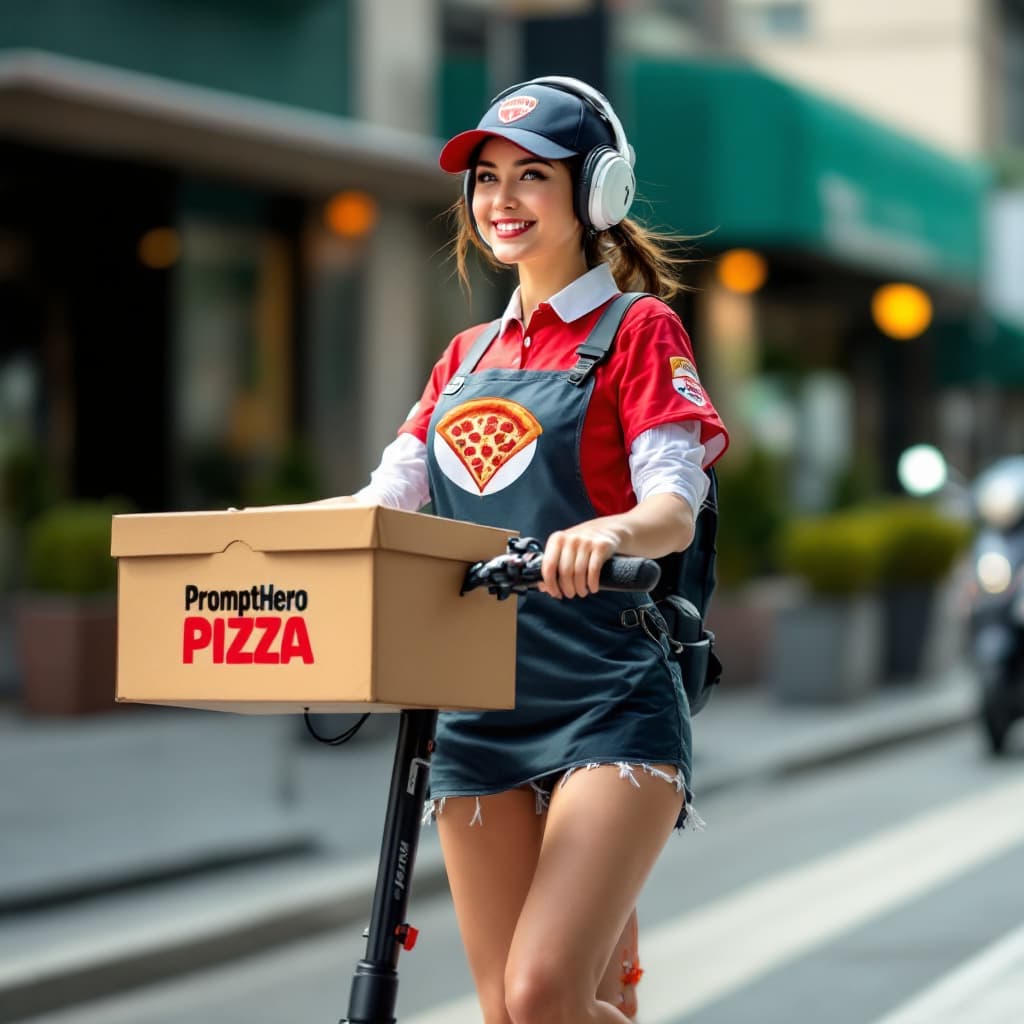 AI generated: a pertty female, pizza shop uniform,mini skirt,E-Scooter, deliver pizza,the pizza box logo"PromptHer...