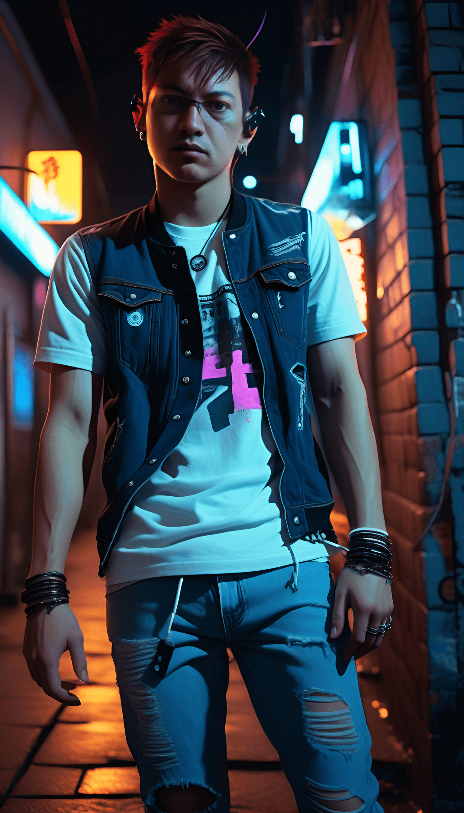 AI generated: (film stock) , (extremely detailed CG unity 8k wallpaper) full body portrait of a cyberpunk leaning ...