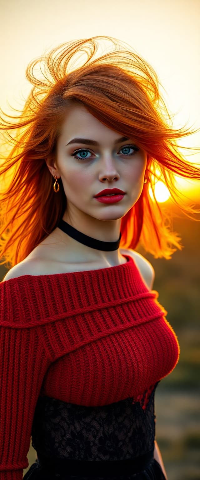 AI generated: "A professional photograph, styled as fine art, depicts a slender redhead supermodel in her early 20...