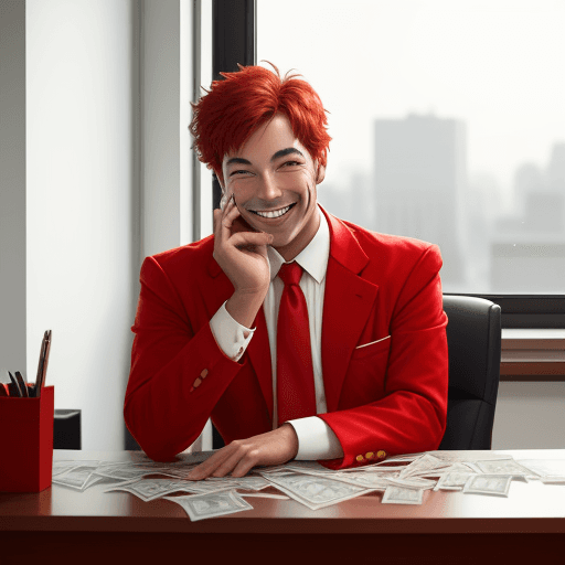 AI generated: Businessman sitting in his office counting money and being happy. Wearing a red costume and smiling ...