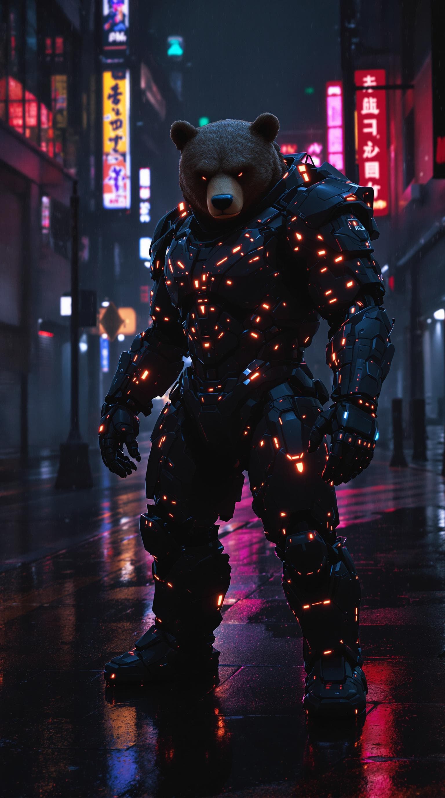 AI generated: Cyborg version of a Bear in Hi-tech new armour. Posing In dark rainy Dystopian city, on an empty str...