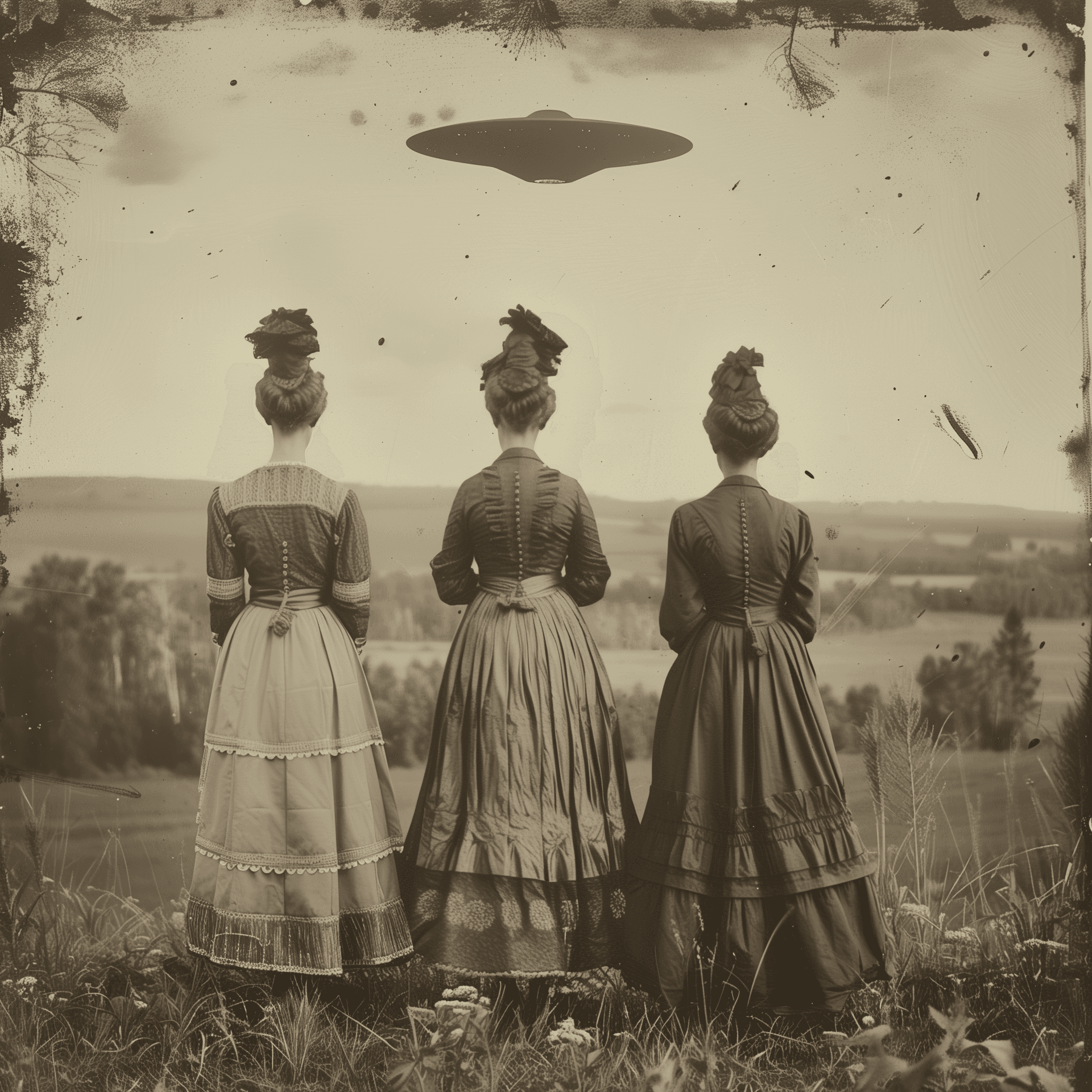 AI generated: three woman standing in the middle of an open field, dressed like Victorian women from England, faci...