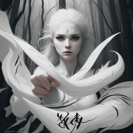 AI generated: white leon, calligraphy woman, freedom, fury, forest