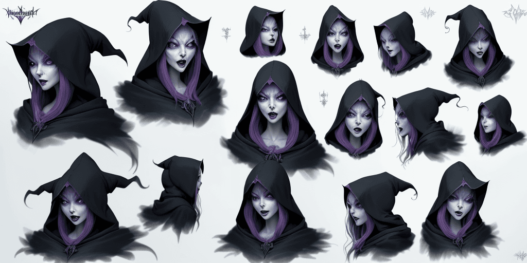 AI generated: Young beautiful witch Banshee with a hood on her head, calm face and screaming face, head and body, ...