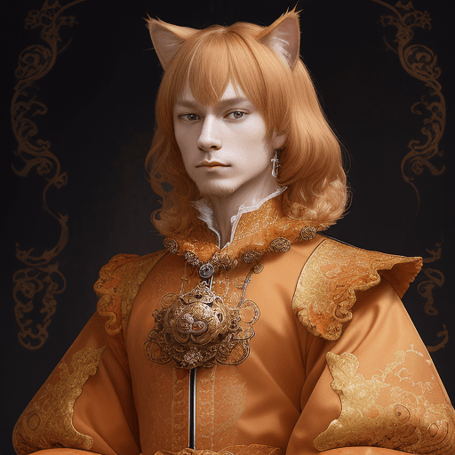AI generated: Cat,orange tabby,renaissance costume,ruff collar,golden robe,studio portrait,noble demeanor,detailed...