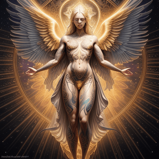 AI generated: Full-body shot, descending pose, (golden lighting, heavily tattooed angel with wings ), (majestic an...