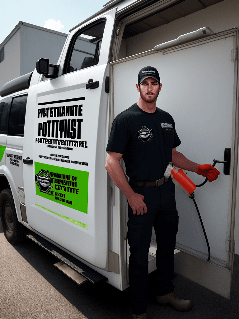 AI generated: Generate a photorealistic of a pest control exterminator standing next to his pest control van and m...