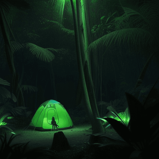 AI generated: Exploration campsite at night, with sci-fi explorers resting, and relaxing.in a jungle on an alien p...