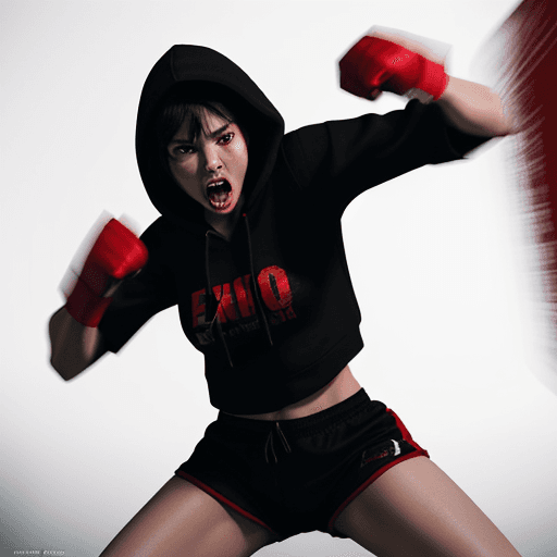 AI generated: A stunning shy fearcefull boxer woman, screaming, agressive, exausted, intense shadow boxing, sweat,...