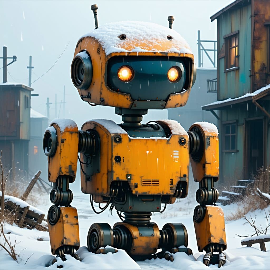 AI generated: post apocalypse, close up shots, lov angles, a orange robot, snowy, foggy