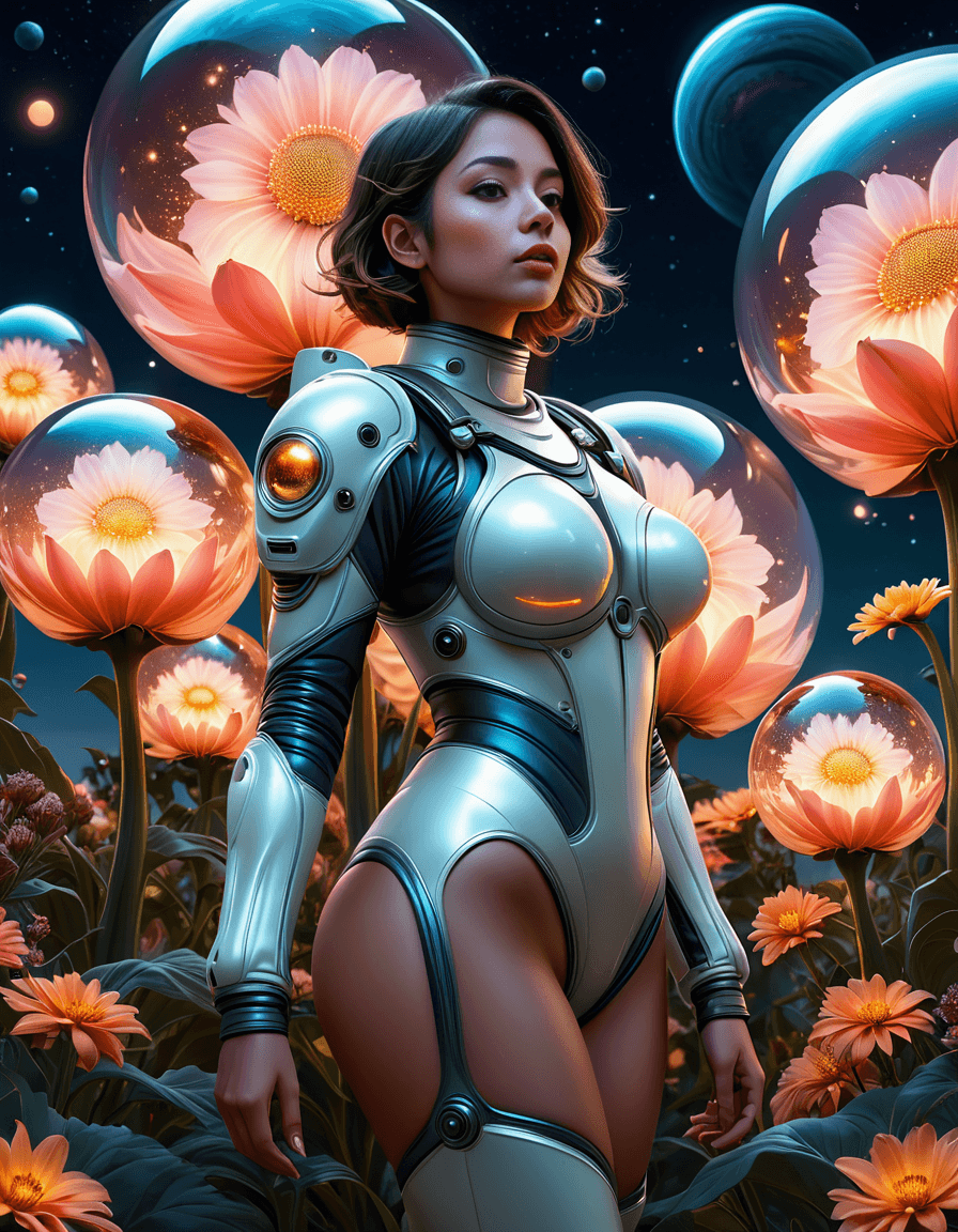 AI generated: digital art, dream fantasy, a woman standing wearing a space suit, surrounded by large bulbous glowi...