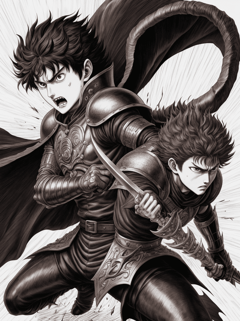 AI generated: monochrome, a man with big eyes, brown hair with tuft, in golden armor, manga, ((without helmet)), b...