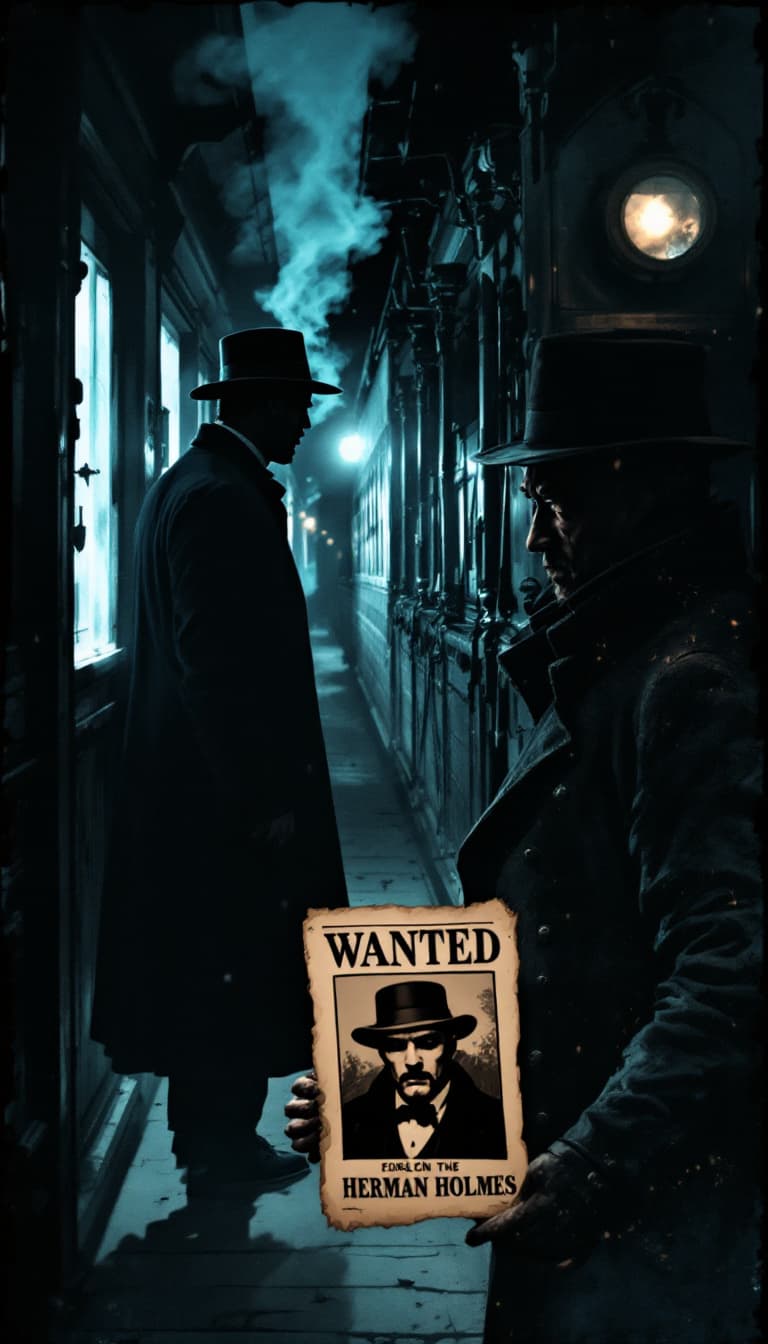 AI generated: An image in a Victorian Penny Dreadful comic style of a man boarding a train in a rural American Vic...