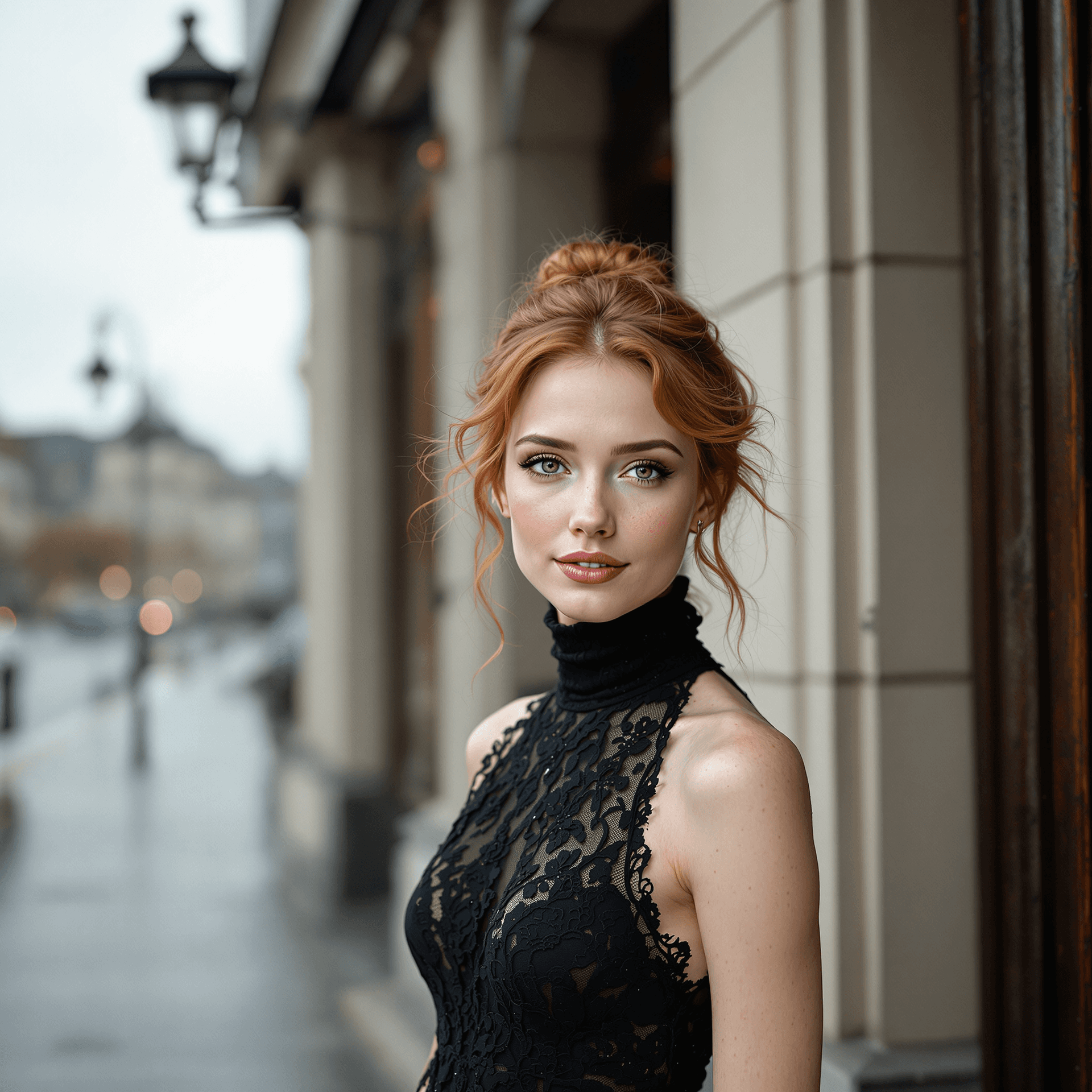 AI generated: "High-resolution photograph of a slim, 30-year-old redheaded European woman, radiating a shy yet all...