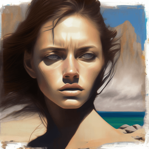 AI generated: art by Peter Holme III, portrait, dense beach,close up of a Stressed Capricious Futuristic Girl, Tai...